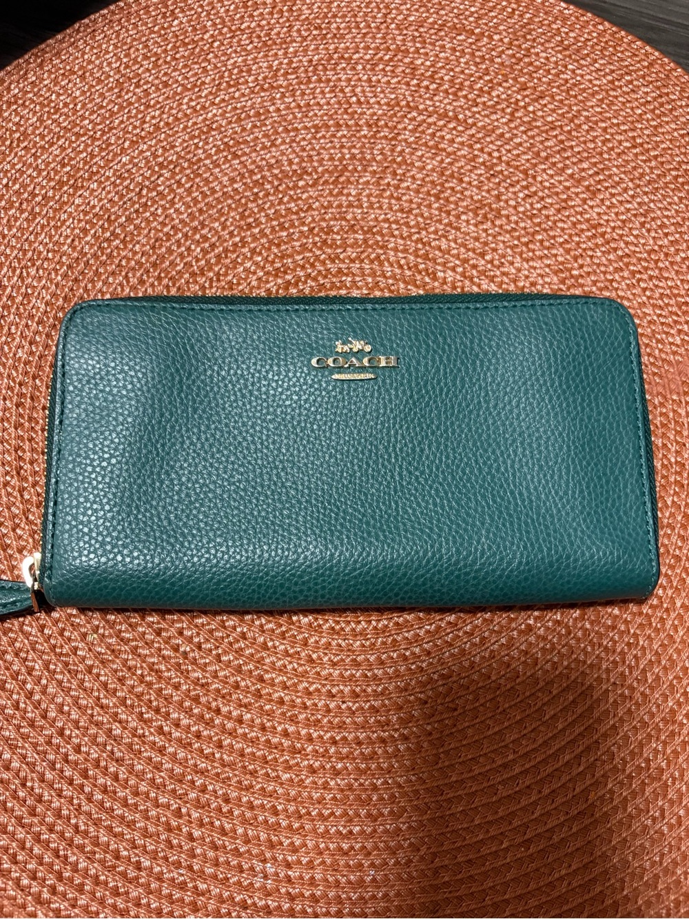 COACH Teal Pebbled Leather Zip Around Wallet with Gold Logo